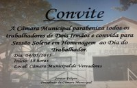 A Câmara Municipal de Vereadores convida para Sessão Solene em homenagem ao Dia do Trabalhador