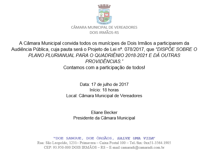 CONVITE para Audiência Pública referente ao Plano Plurianual 2018-2021